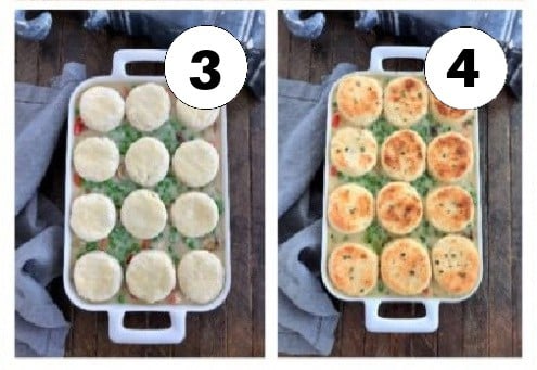 Chicken pot pie process shots 3 and 4. Casserole with biscuits added then casserole baked.
