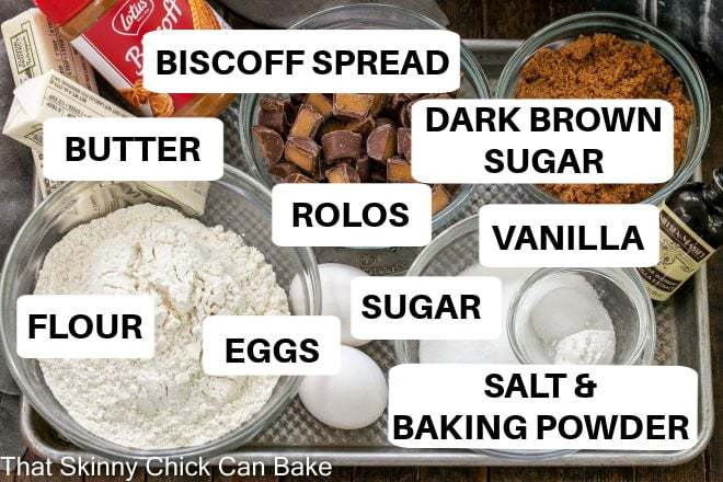 Biscoff Rolo Bars Ingredients on a metal tray with labels.