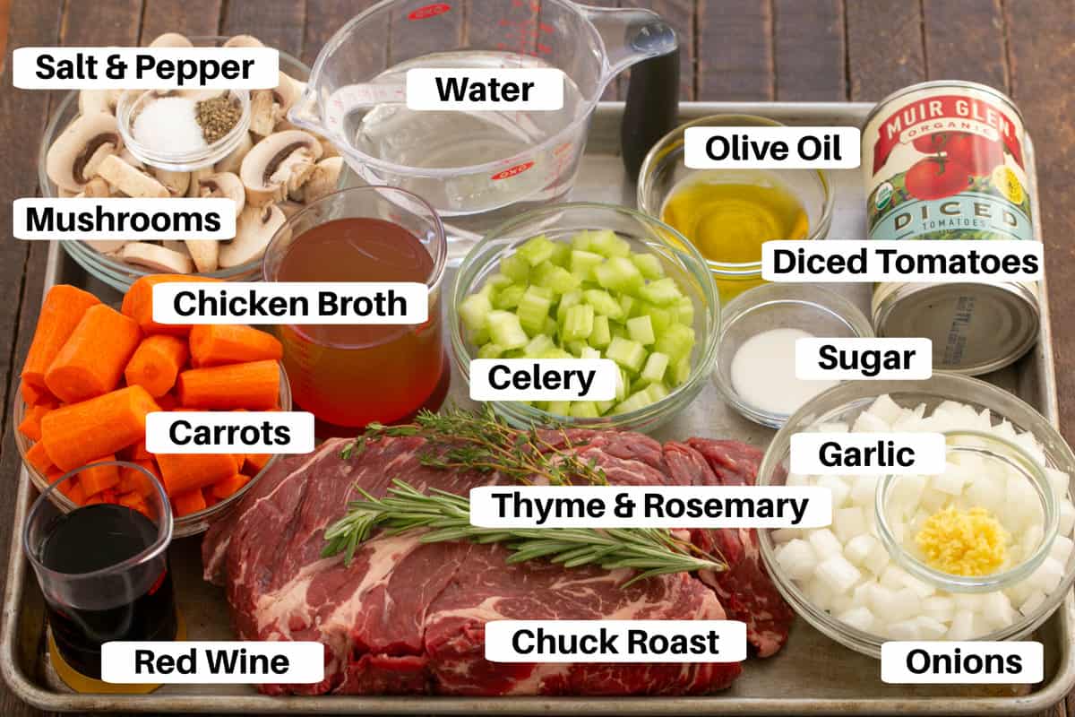 Pot Roast Ingredients with labels on a metal sheet pan.