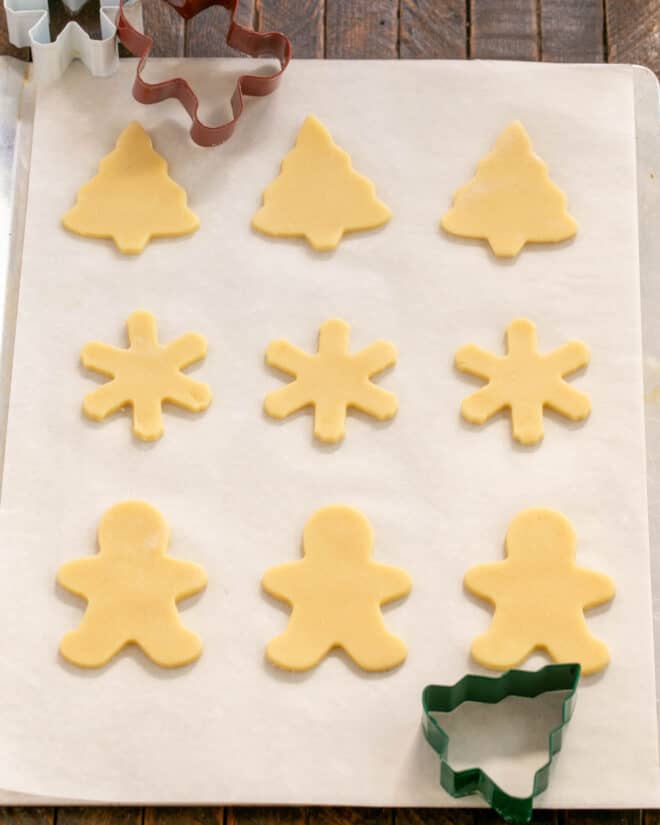 Dough cut into shapes and placed on baking sheet.
