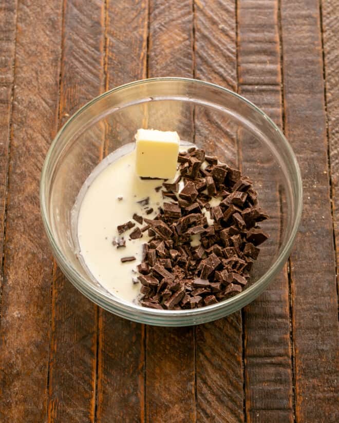 Melt chocolate, butter and cream to make ganache.