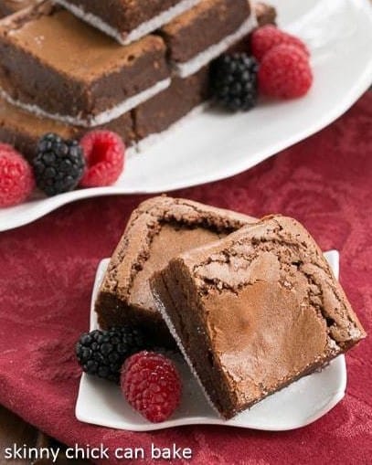 2 fudgy brownies on a white ceramic plate with 2 berries.