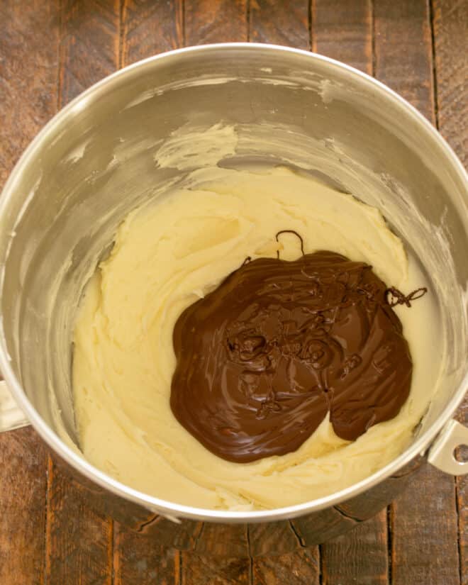Add chocolate to butter mixture.