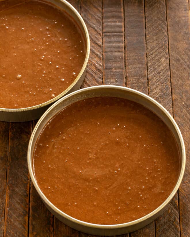 Batter added to prepared pans.