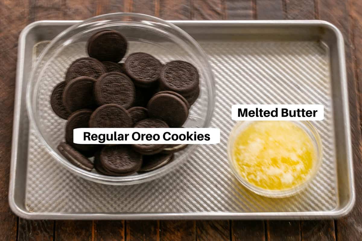 French Silk Pie Cookie Crust ingredients with labels on a sheet pan.