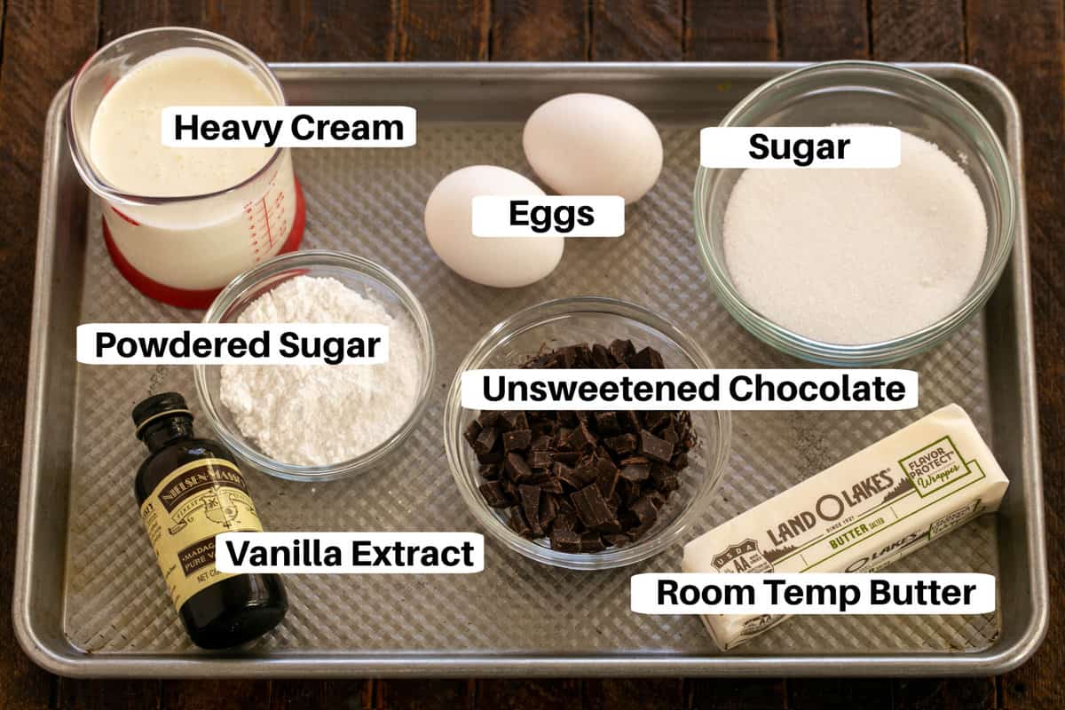 French Silk Pie Ingredients with labels on a sheetpan.