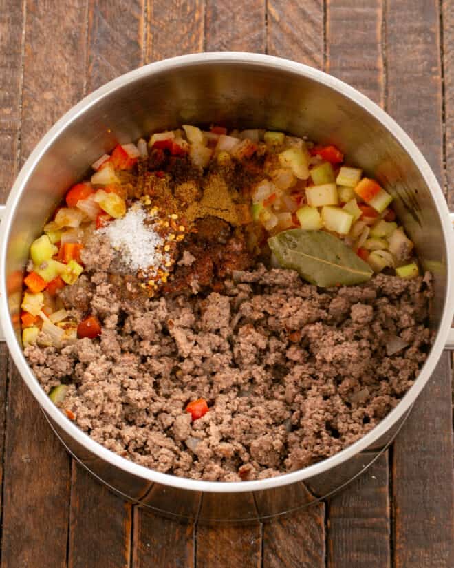 Collage of process shots for making black bean chili.
