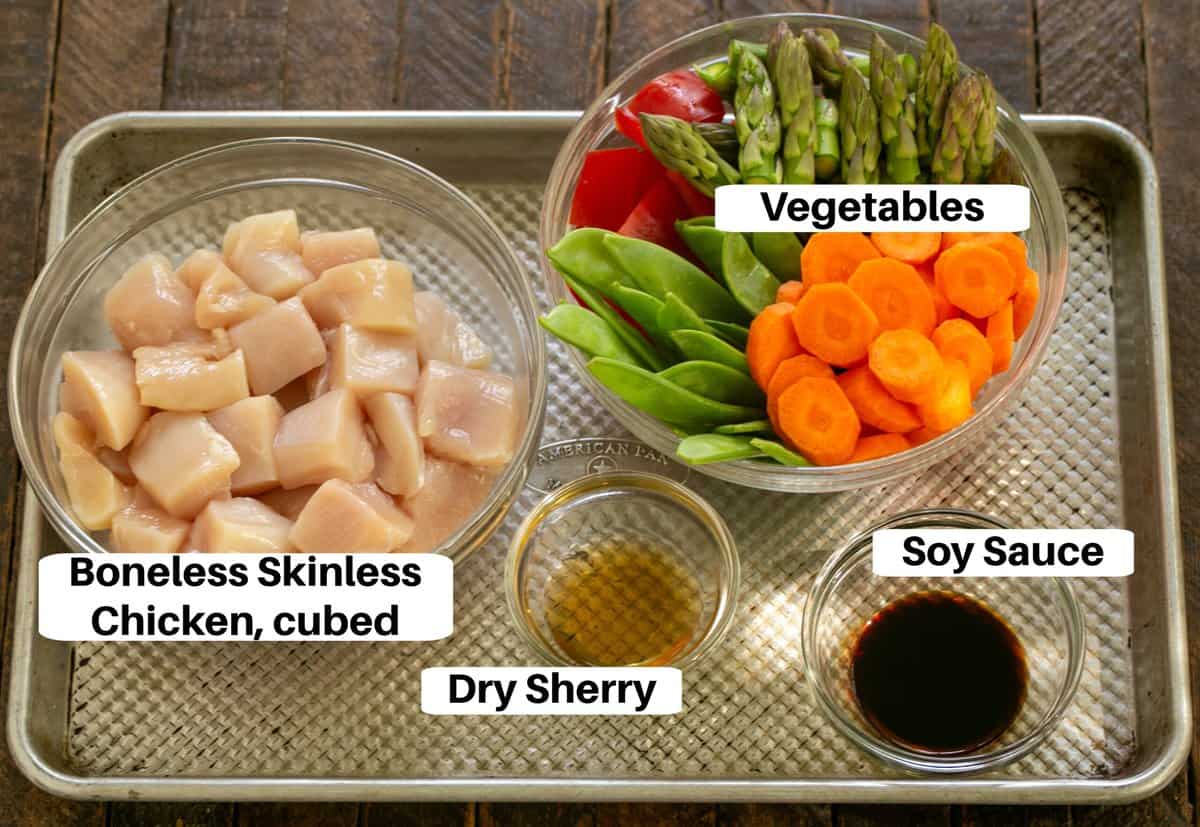 Chicken Stir Fry Ingredients on a sheetpan with labels