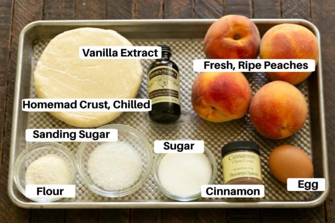 Peach Galette Ingredients on a Sheetpan with labels.