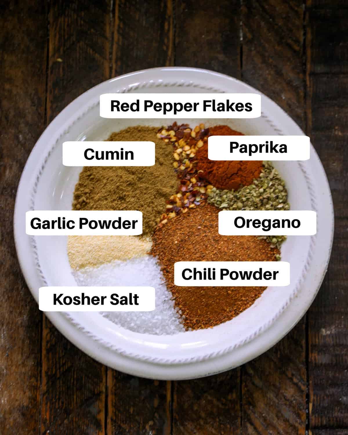 Homemade Taco Seasoning - So easy and delicious that you'll never buy a seasoning packet again! Taco Seasoning Ingredients on a white plate with labels.