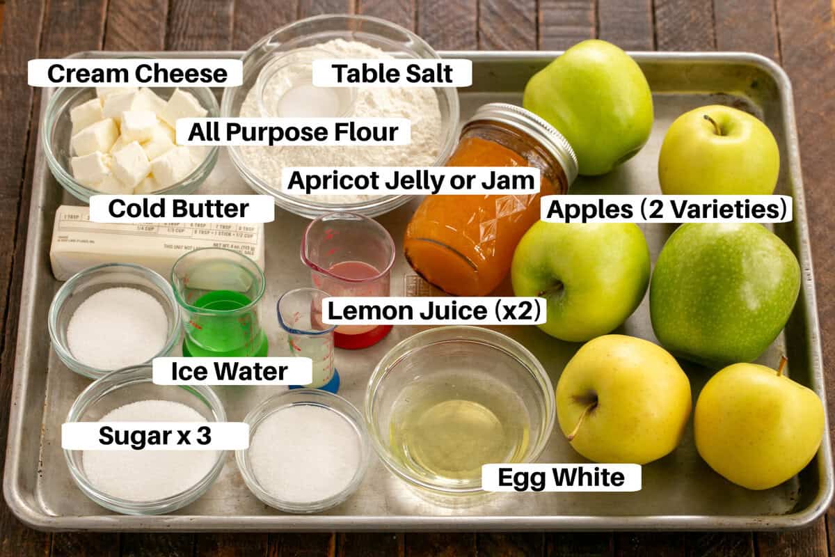 Apple Galette Ingredients with labels on a metal sheetpan.
