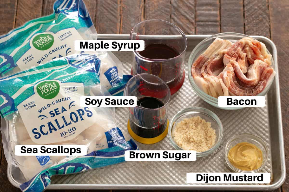 Maple Glazed Sea Scallops Ingredients with labels on a metal sheet pan.