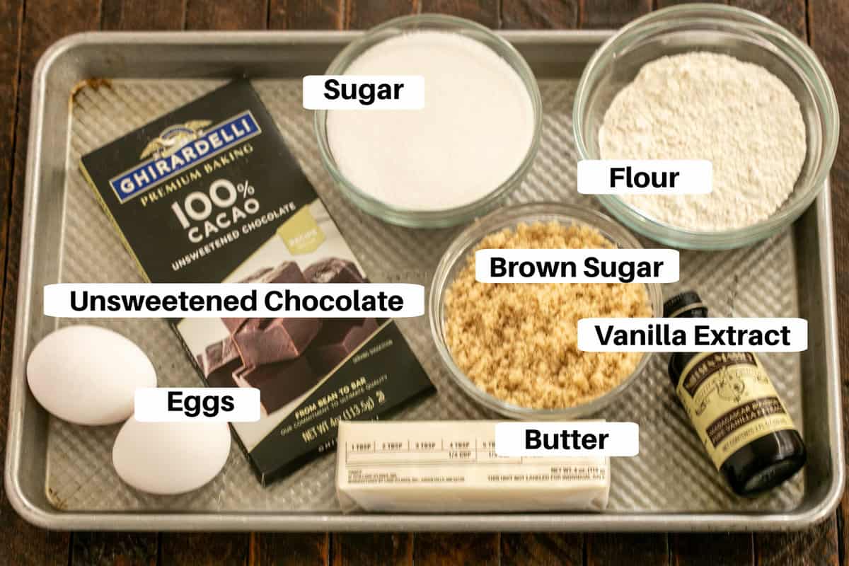 Simple Fudgy Brownies Ingredients on a sheetpan with labels.